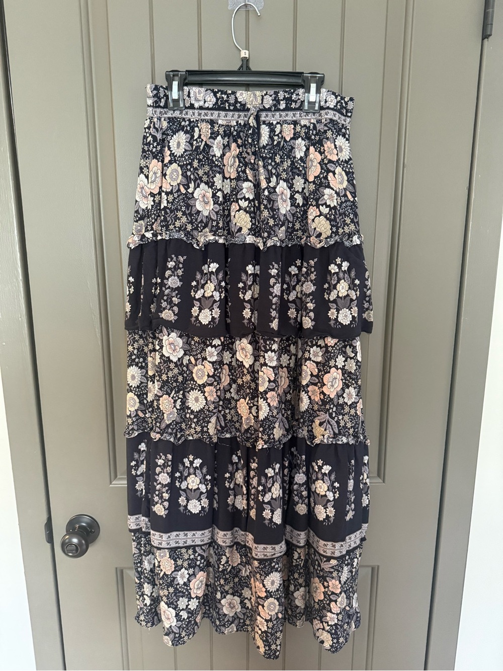 Black Floral Tiered Maxi Skirt - Women's